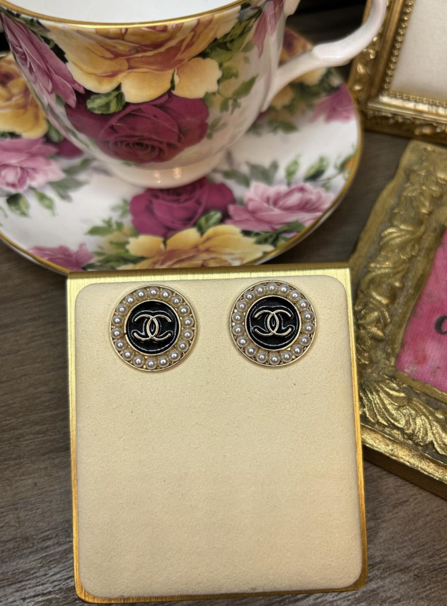 The Coco Pearl Earrings – Upcycled Chanel Button Earrings with Pearl Accent