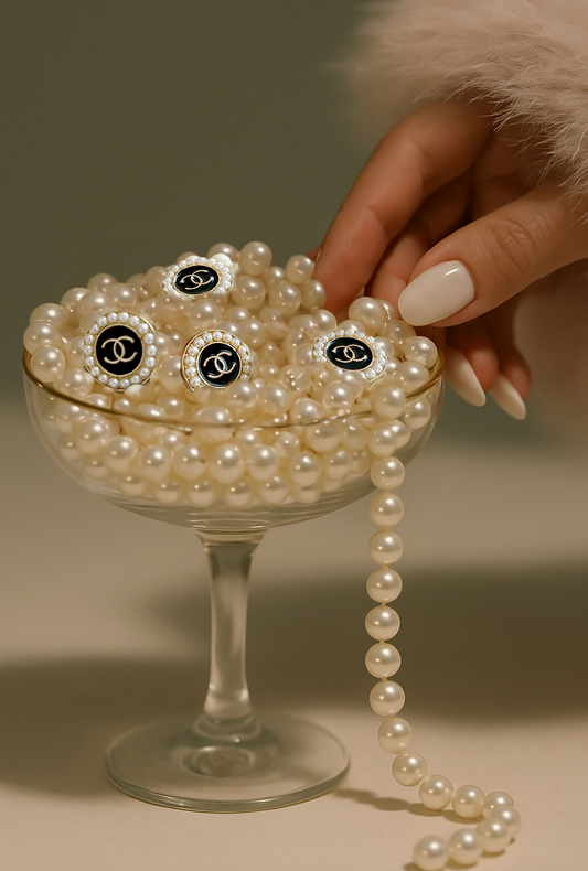 The Coco Pearl Earrings – Upcycled Chanel Button Earrings with Pearl Accent
